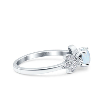 Art Deco Wedding Bridal Ring Leaf Dainty Round Lab Created White Opal 925 Sterling Silver